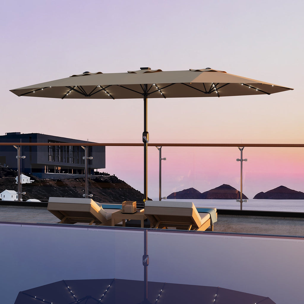 Garvee 15' Rectangular Patio Umbrella with Solar LED Lights & Base, Crank Handle UV-Resistant Outdoor Market Umbrella for Backyard, Pool & Patio, Tan