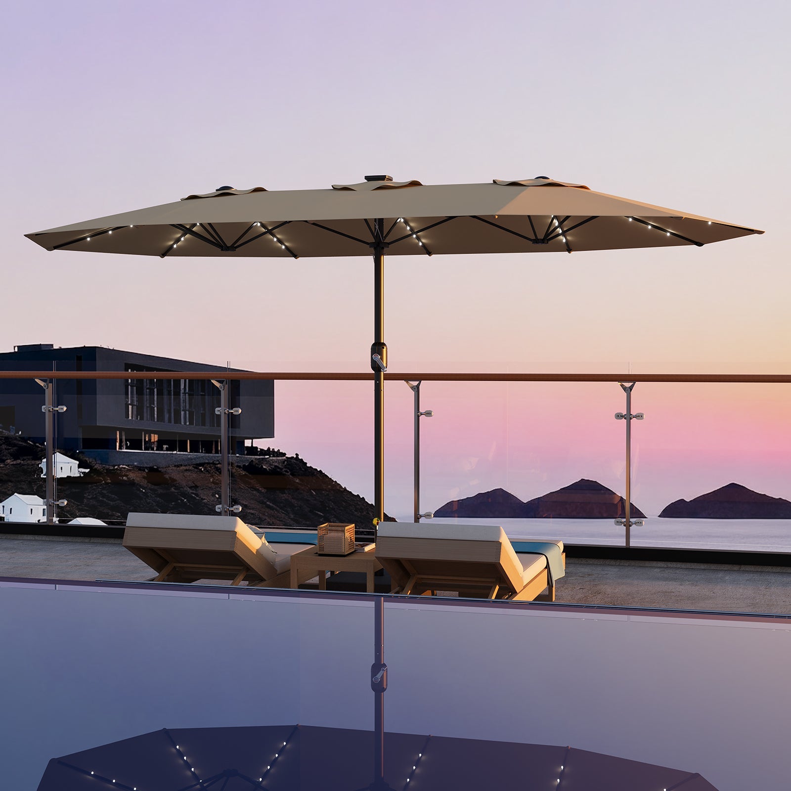 Garvee 15' Rectangular Patio Umbrella with Solar LED Lights & Base, Crank Handle UV-Resistant Outdoor Market Umbrella for Backyard, Pool & Patio, Tan