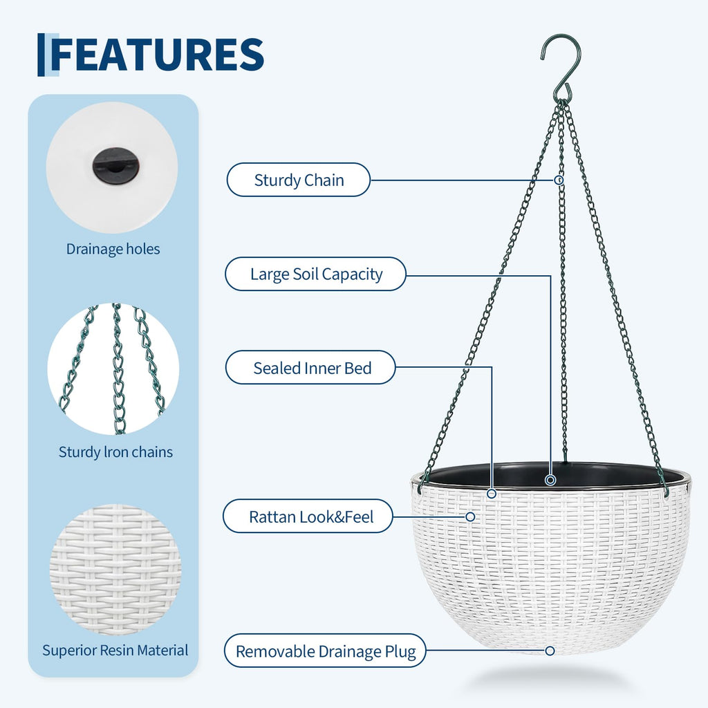 Garvee Self-Watering Hanging Planters for Indoor & Outdoor Plants, 4-Pack 13.8 in Resin Baskets with Rattan Look, Drainage Plugs and Triple-Chain Hangers