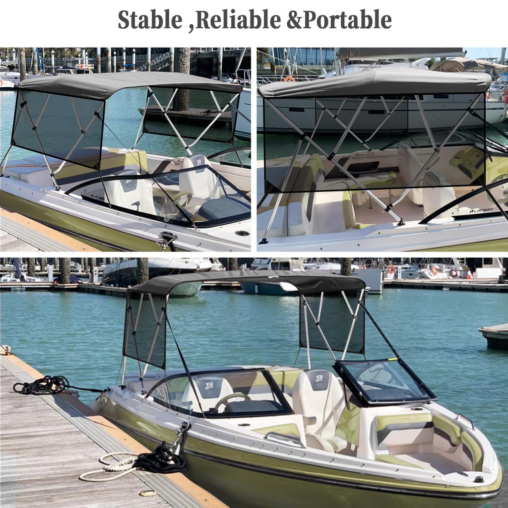 Garvee 4 Bow Bimini Top for Boats - 8'L x 54"H x 73"-78"W - 600D PU-Coated Light Gray Canvas Canopy with Translucent Side Curtains - 1" Aluminum Frame, UV Protection, Zippered Boot, Straps, Rear Support Poles - Color: Light Gray (Translucent Side Curtain)