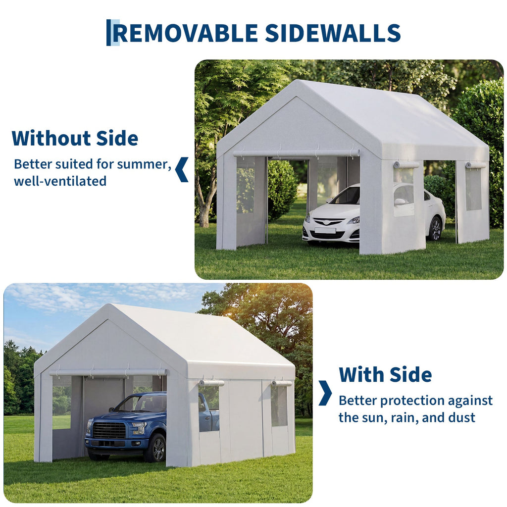 Garvee Portable Carport, 10 x 20 FT White Vehicle Shelter with Galvanized Steel Frame, 4 Roll-Up Doors and 4 Vent Windows for Cars, Trucks and Boats