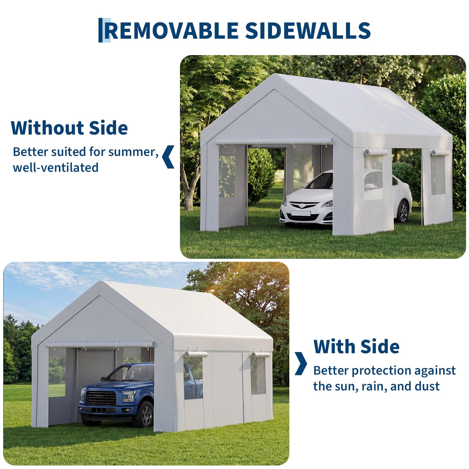 Garvee Portable Carport, 10 x 20 FT White Vehicle Shelter with Galvanized Steel Frame, 4 Roll-Up Doors and 4 Vent Windows for Cars, Trucks and Boats