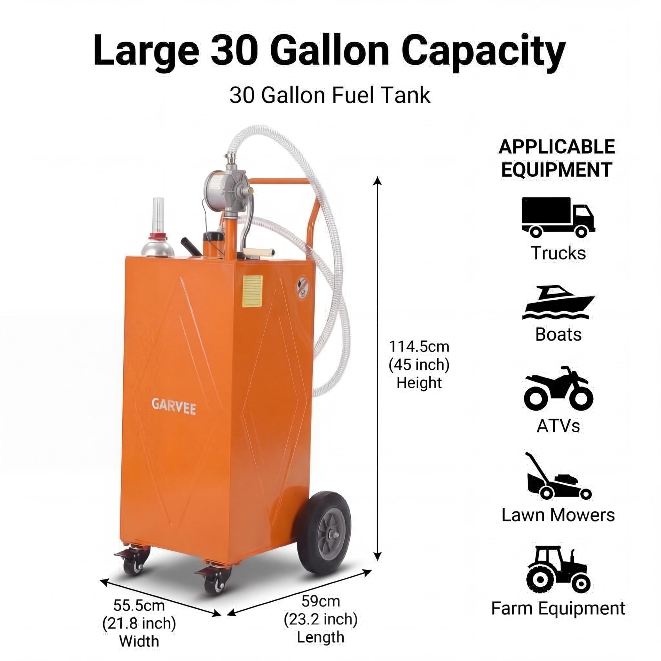 Garvee 30 Gallon Fuel Caddy with Manual Pump, Portable Fuel Transfer Tank on Wheels, Heavy Duty Gasoline & Diesel Storage Container for Trucks, Boats, ATVs, Lawn Mowers, Farm Equipment