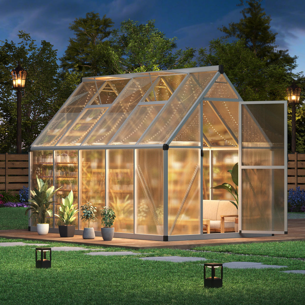 Garvee Heavy Duty 6x9 FT Polycarbonate Walk-In Greenhouse - Sturdy Aluminum Frame, Lockable Door, Adjustable Roof Vent, Easy Assembly, Ideal for Garden, Backyard, or Patio, Silver