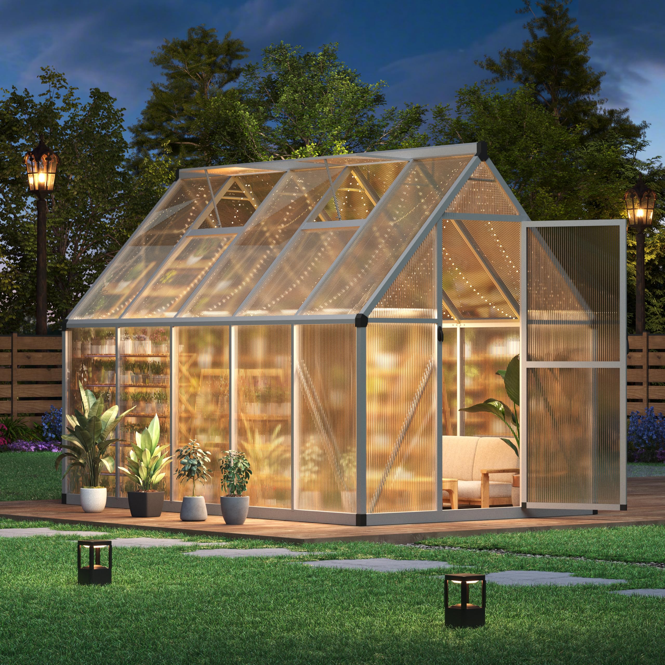 Garvee Heavy Duty 6x9 FT Polycarbonate Walk-In Greenhouse - Sturdy Aluminum Frame, Lockable Door, Adjustable Roof Vent, Easy Assembly, Ideal for Garden, Backyard, or Patio, Silver