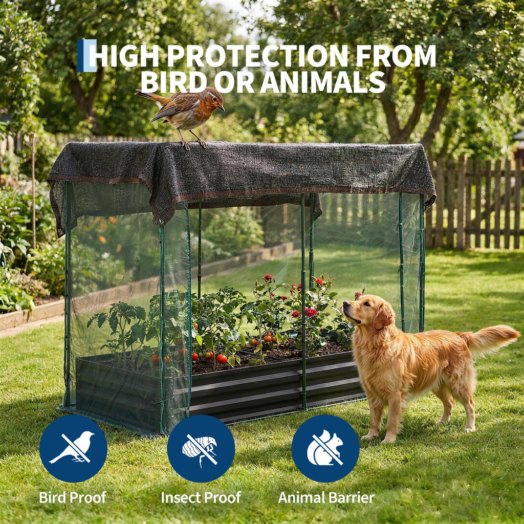Garvee 8 x 4 x 1 FT Galvanized Raised Garden Bed with Crop Cage, 60% Shade Cloth, Zippered Mesh Doors & Pest Barrier for Vegetables, Herbs and Flowers, Black