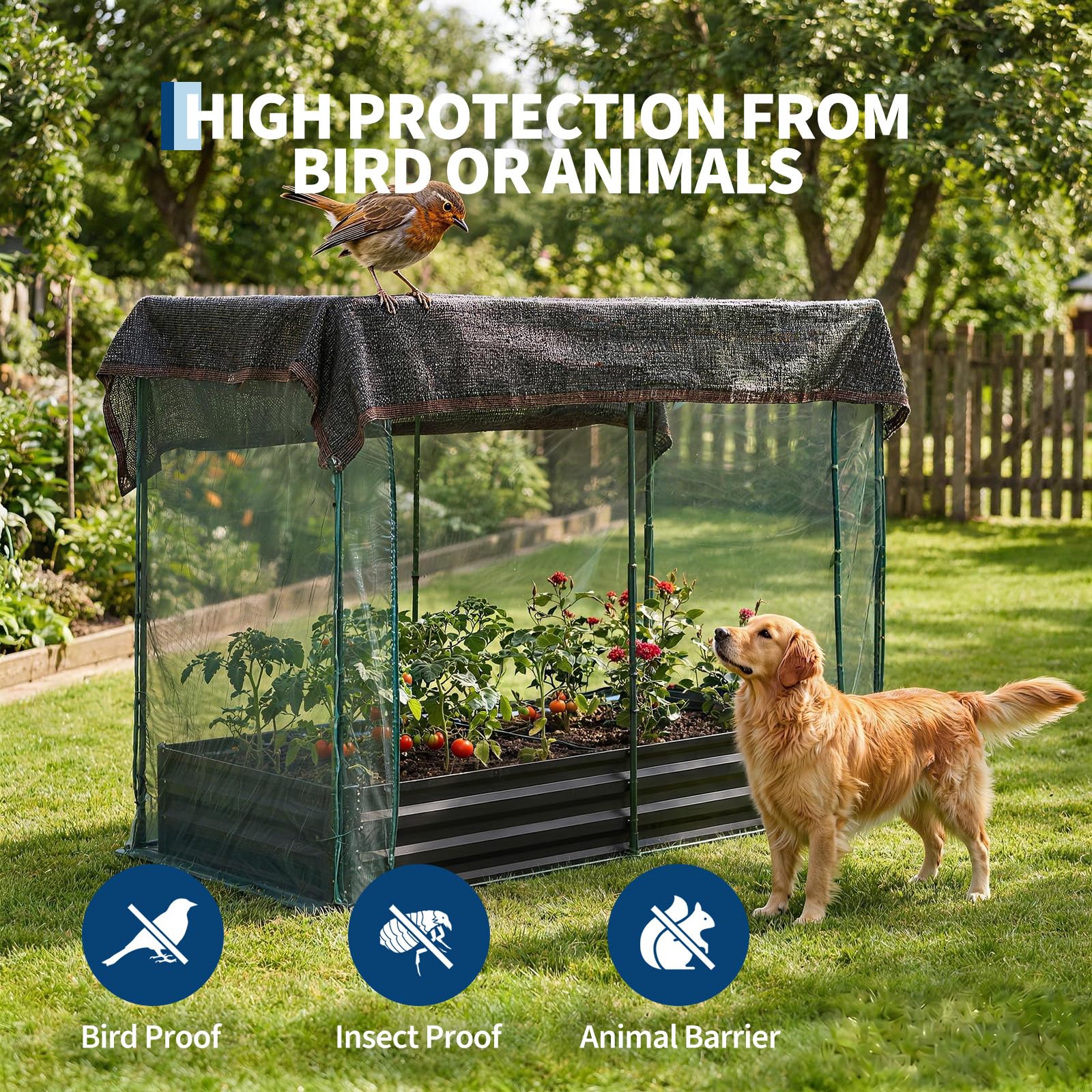 Garvee 8 x 4 x 1 FT Galvanized Raised Garden Bed with Crop Cage, 60% Shade Cloth, Zippered Mesh Doors & Pest Barrier for Vegetables, Herbs and Flowers, Black