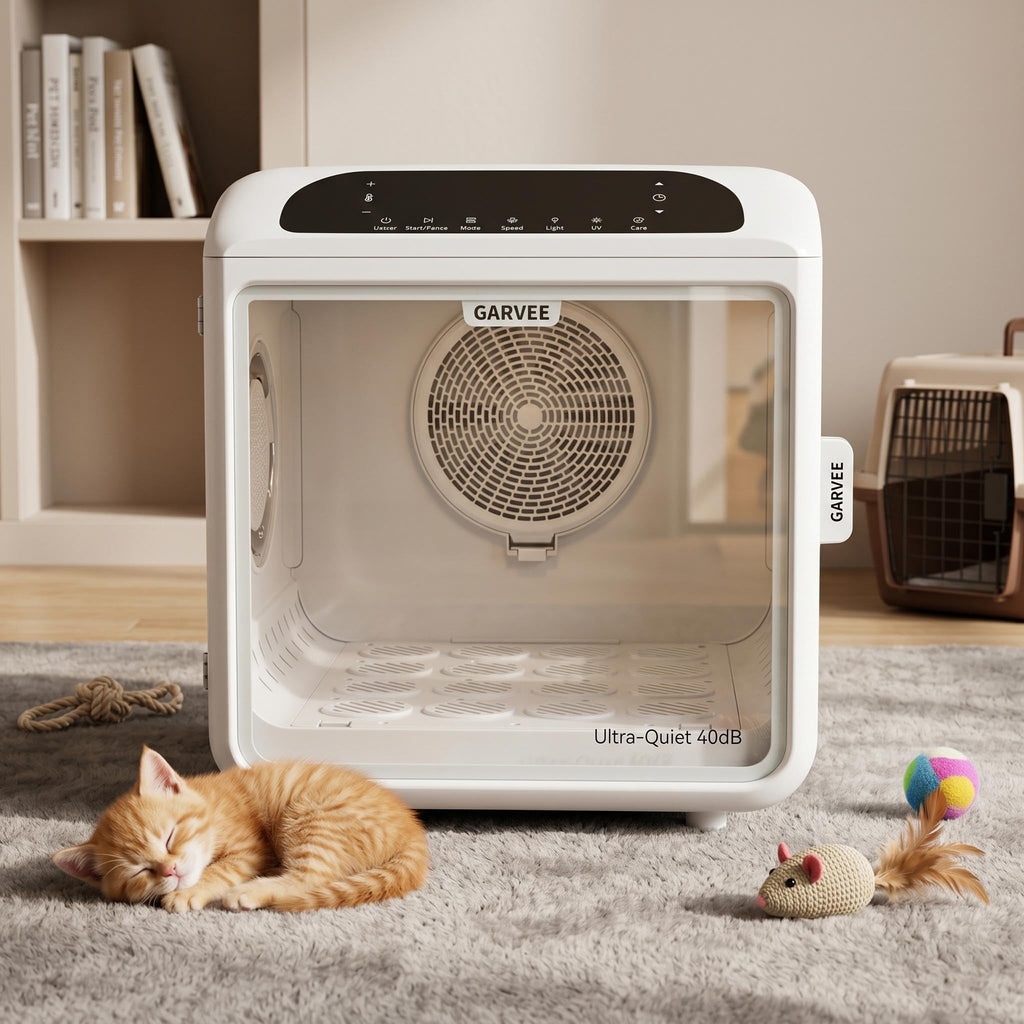 Garvee Quiet Pet Dryer Box for Cats & Small Dogs – 50L Capacity – 360° Airflow – Low Noise Grooming Dryer – Smart Temperature Control – Removable Water Tray – Adjustable Door – Hands-Free Bathing Accessory – US Version