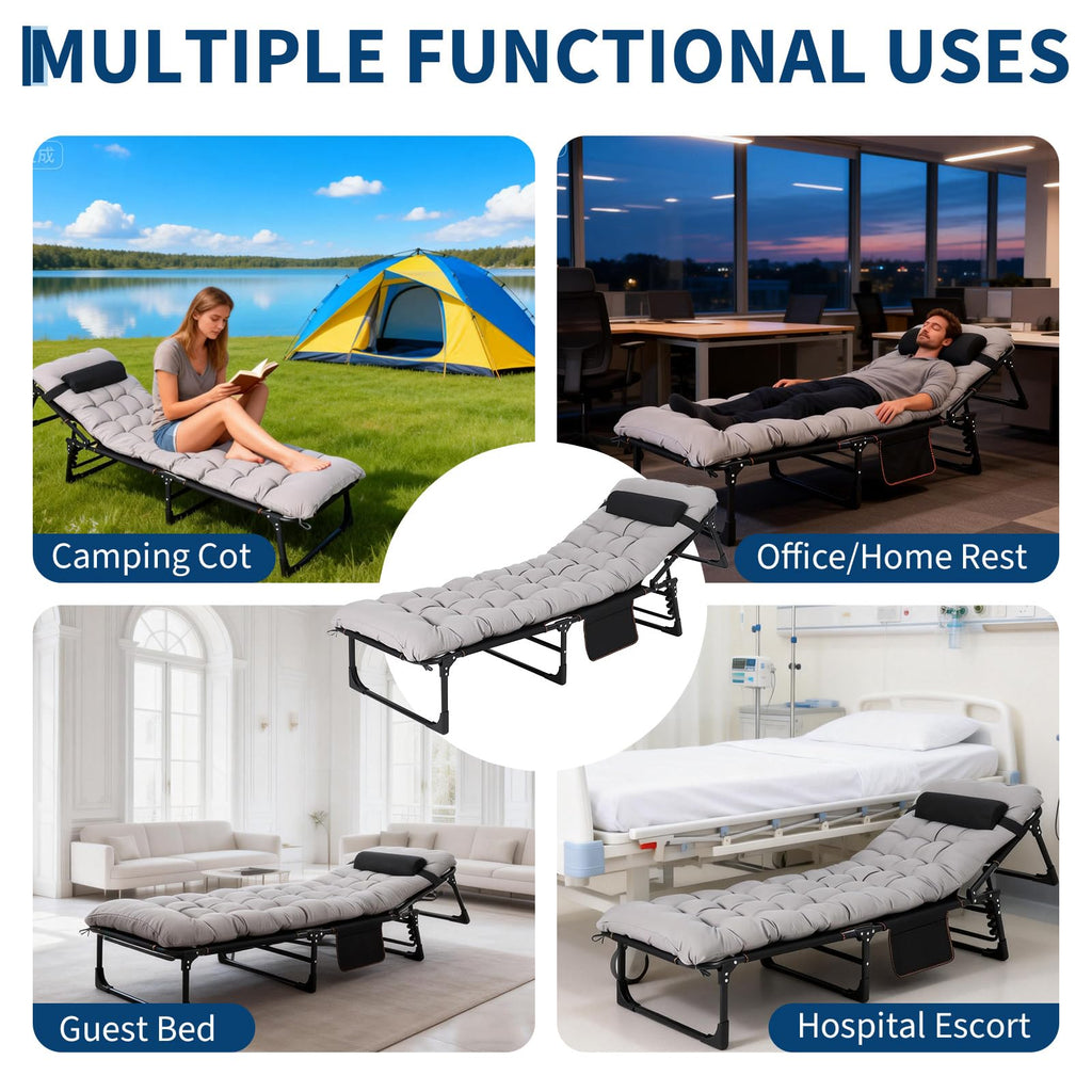 Garvee 79" Folding Camping Cot with Thick Mattress, 8-Leg Rectangular Adjustable Lounge Chair with Headrest Pillow & Side Pocket, Heavy Duty Foldable Guest Bed for Indoor Office & Outdoor Travel - Gray