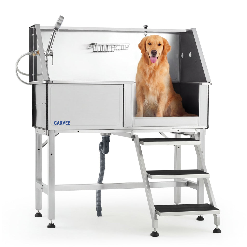 Garvee 46 Inch Stainless Steel Dog Washing Station, Heavy Duty Pet Grooming Bathtub with Access Stairs, Brushed Finish, Right Door Options