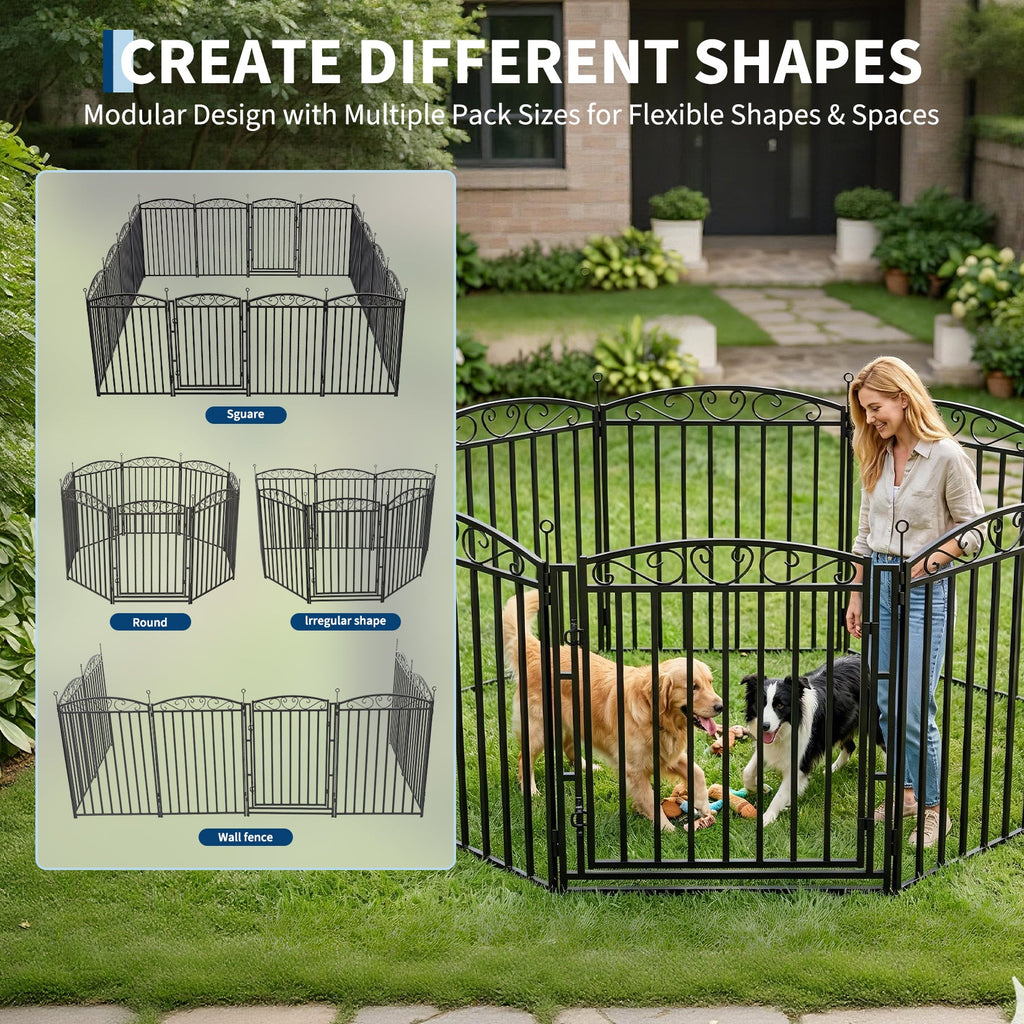 Garvee Durable Decorative Dog Playpen Fence – 40" Metal, 16 Panels, Indoor/Outdoor Pet Exercise Pen, Black Base with Silver Design, Color: Black with Silver Design, 16 Panels