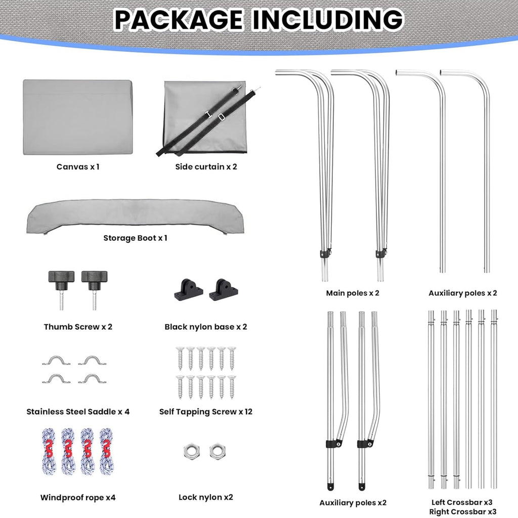 Garvee 3 Bow Bimini Top for Boats – Marine-Grade 600D Waterproof Polyester Canopy with Adjustable Aluminum Frame, Removable Mesh Side Curtains, Sun Shade Protection, Rear Support Poles, Straps, Storage Bag – Grey – Size: 6'×67-72"×46" – 4-Wind Rope,