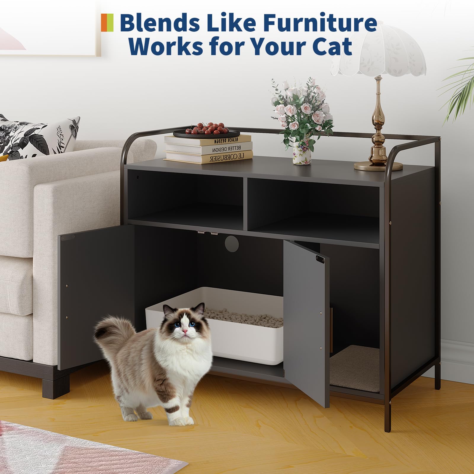 Garvee Cat Litter Box Enclosure, Wooden Cat Washroom Furniture with Barn Door, Storage Shelf and Top Display Shelf, Hidden Litter Box Cover, Dog Proof Feline Litter Boxes, Kitty House, Fits Most Litter Boxes, Black