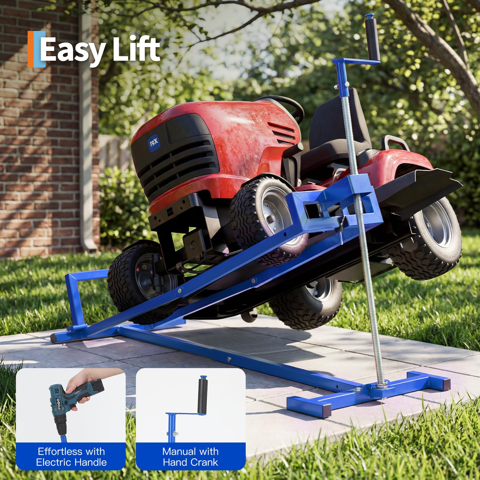 Garvee 880 lb Heavy Duty Lawn Tractor Lift Jack, 0-35° Adjustable Tilt Angle Riding Mower Lift with 27.5" Max Lift Height, Manual Hand Crank or Power Drill Operation, Collapsible Storage Maintenance Hoist for Zero Turn, ATV, Garden Tractors, Blue