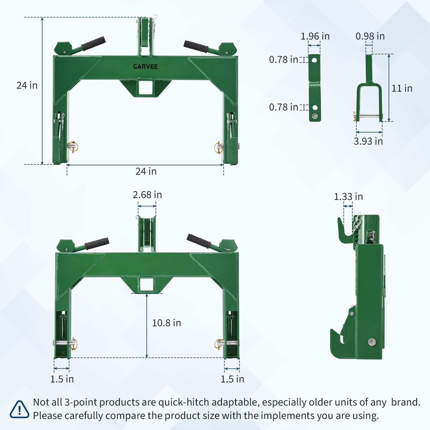 Garvee Heavy-Duty 3-Point Quick Hitch Adapter with 2" Receiver – Reinforced Rib – 3000 lbs Lift – No Bushing Needed – 5-Level Adjustable Bolt – Category 1 Tractor Attachment – Durable Metal – Green Powder Coated Finish