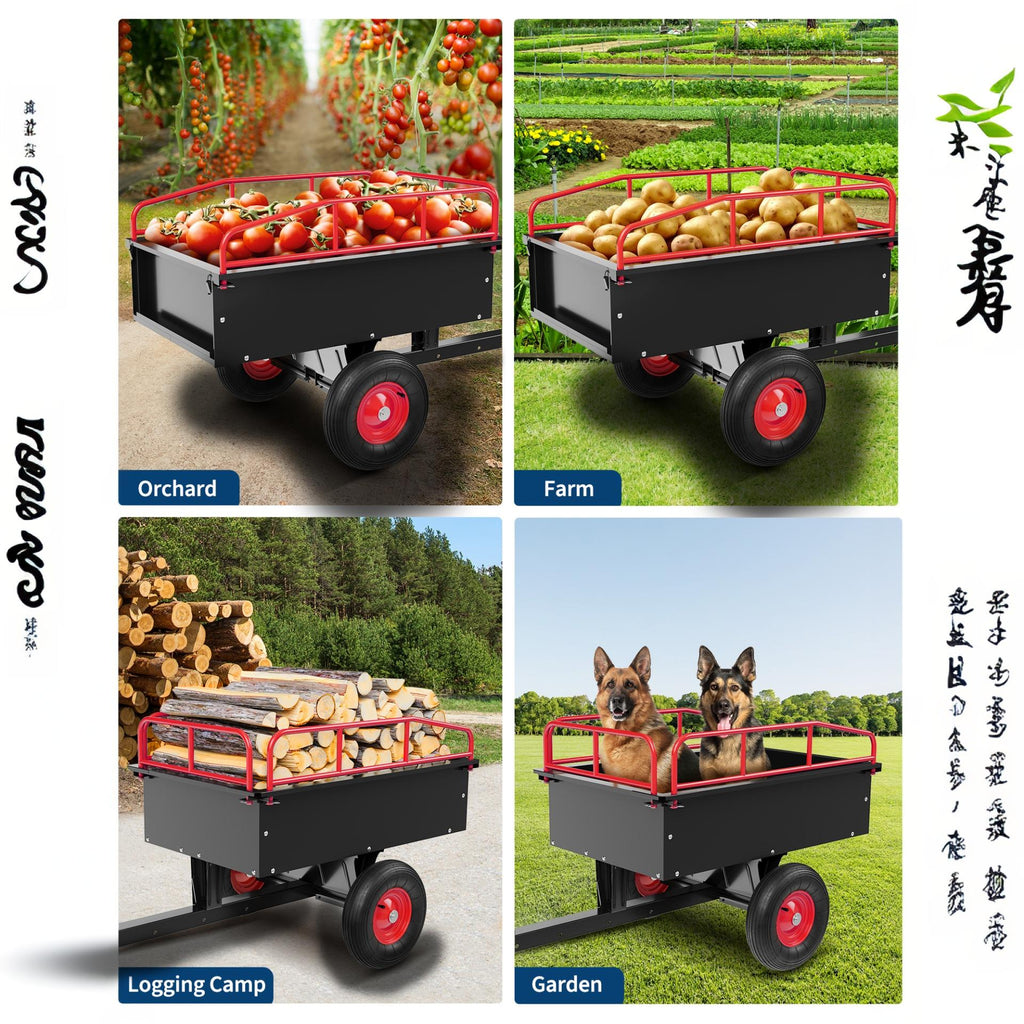 Garvee 750 LB Tow-Behind Steel Dump Cart, 15 Cu. Ft. Garden Wagon with 42.9 x 29.5 in Bed, Removable Rails & 15.35 in Tires, Black/Red