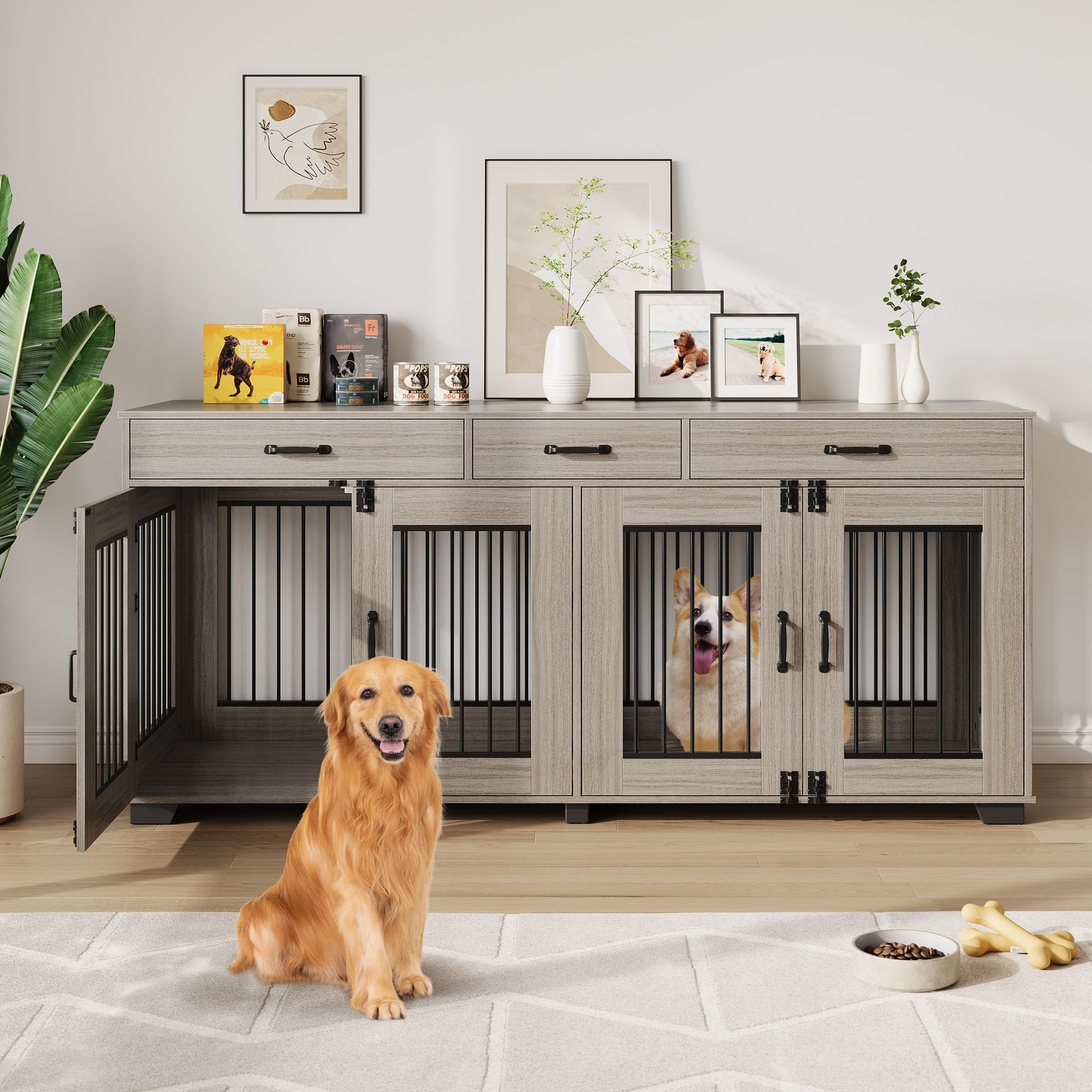 Garvee 71" Large Dual-Room Dog Crate with 3 Drawers, Double Doors, Metal & Wood, Storage & Security, Grey, Indoor Furniture Style