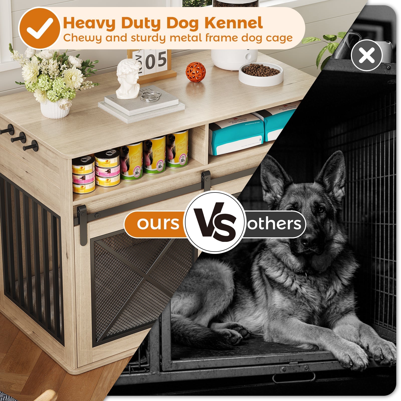 Garvee 44.5 Inch Large Dog Crate Furniture with 2 Storage Self, Wooden Dog Kennel Furniture As End Table, Decorative Pet Cage Dog House Indoor for Medium/Large Dogs, Chew-Proof, Gray