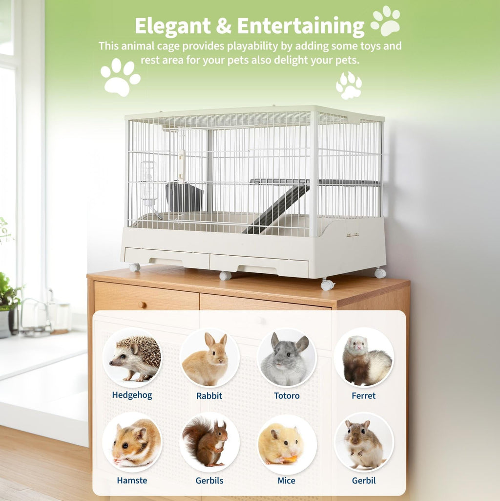 Garvee Small Animal Cage, Durable Large Rabbit Hutch, 33“ Small Animal Cage with 2 Removable Tray, Ramp, 6 Casters, Water & Hay Feeder, Indoor & Out Door Use for Rabbit, Hamster