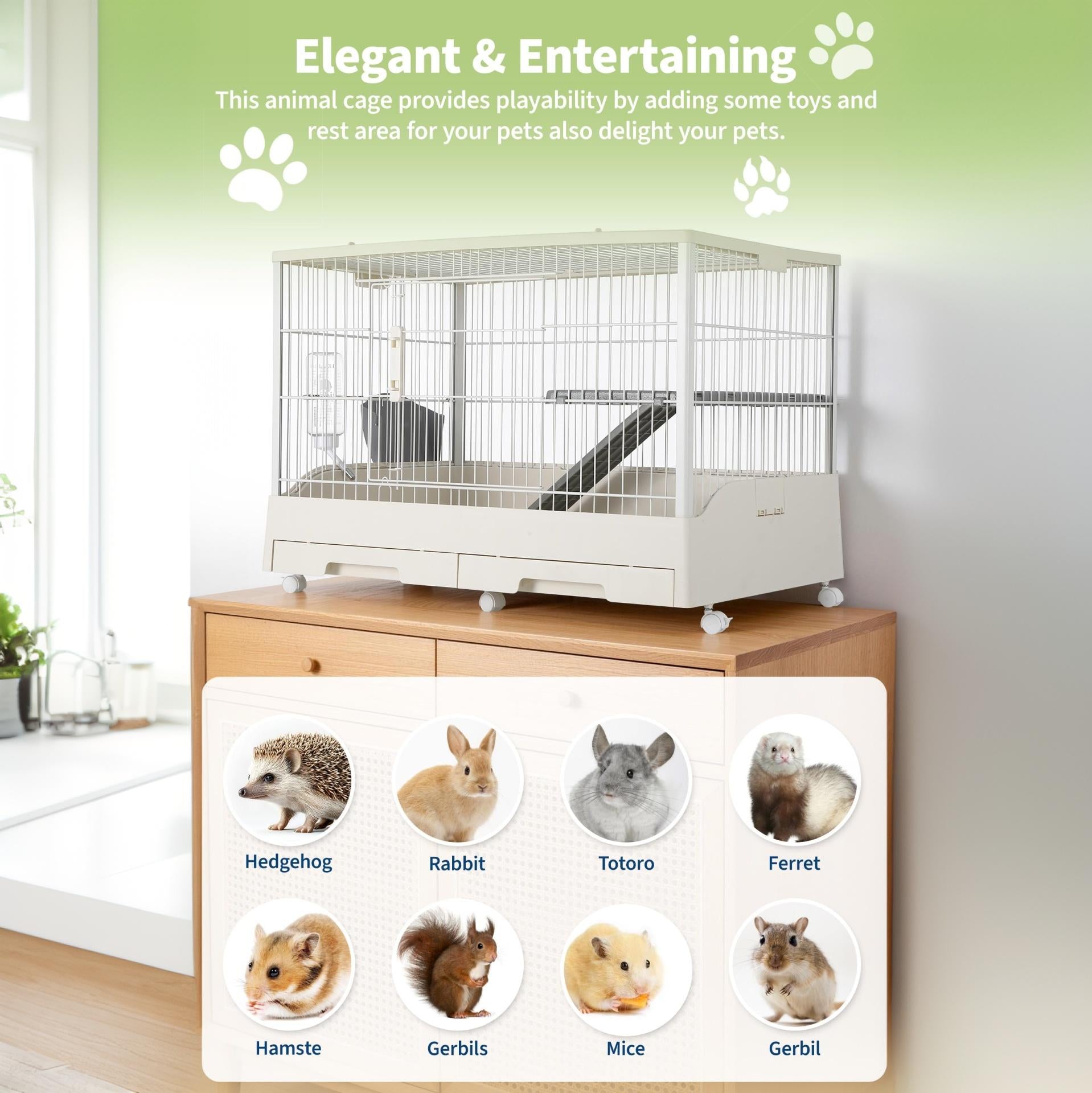 Garvee Small Animal Cage, Durable Large Rabbit Hutch, 33“ Small Animal Cage with 2 Removable Tray, Ramp, 6 Casters, Water & Hay Feeder, Indoor & Out Door Use for Rabbit, Hamster