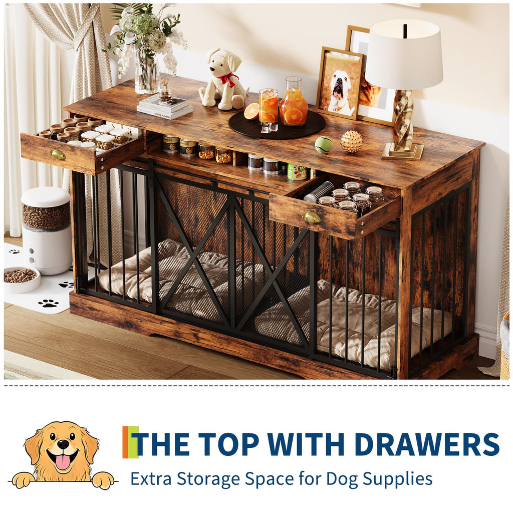 Garvee Heavy Duty Double Dog Crate Furniture for 2 Large or Medium Dogs – Wooden Kennel, Removable Divider, Lockable Sliding Doors, Drawers & Open Shelves, Indoor Pet Cage TV Stand – 63 Inches
