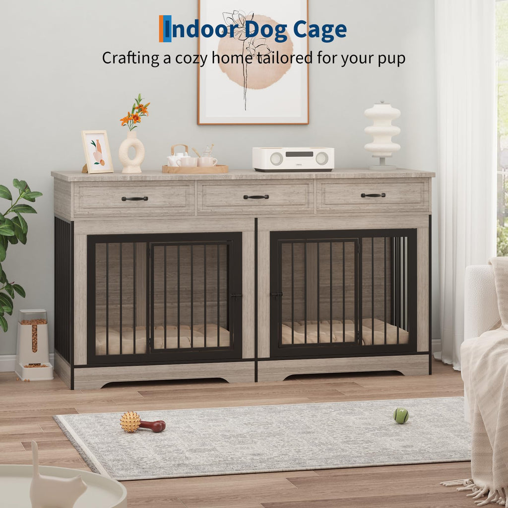 Garvee 71" Dog Crate Furniture for 2 Dogs, Heavy Duty Double Dog Kennel with 3 Drawers, Extra Large Furniture Style Indoor Dog Crate Table TV Stand  for Medium/Large Dogs, Light Gray