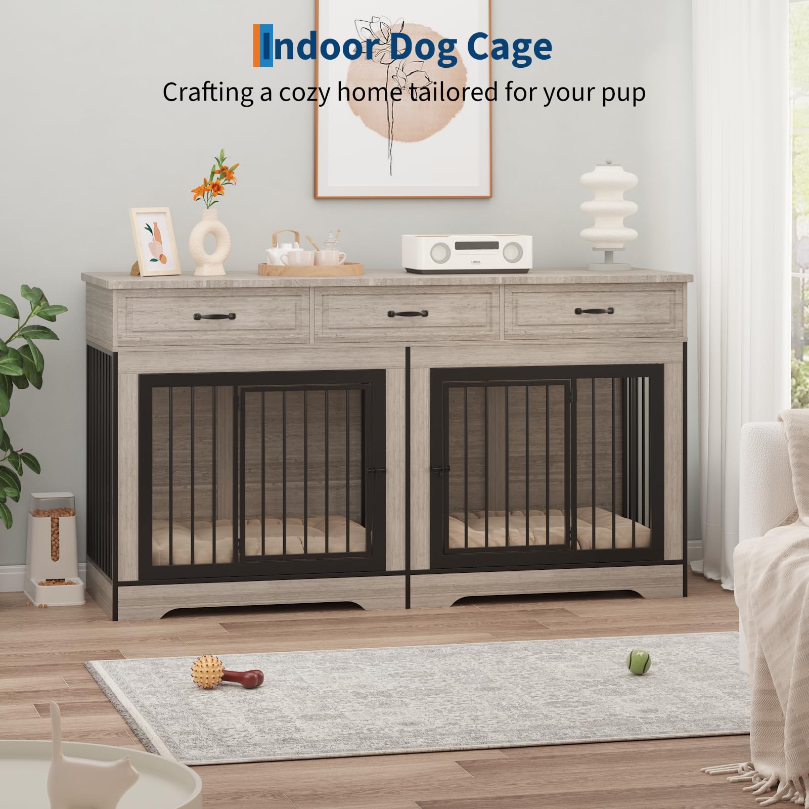 Garvee 71" Dog Crate Furniture for 2 Dogs, Heavy Duty Double Dog Kennel with 3 Drawers, Extra Large Furniture Style Indoor Dog Crate Table TV Stand  for Medium/Large Dogs, Light Gray
