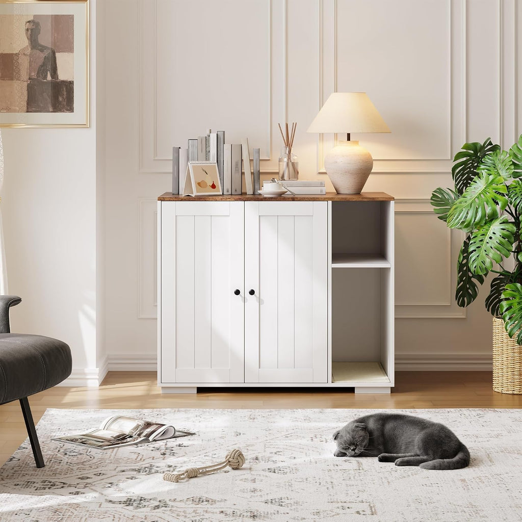 Garvee Large Dog-Proof Cat Litter Box Enclosure Cabinet with Self-Cleaning, Adjustable Shelf, Wood Material, Power Outlet, Mark Pad, Indoor Cat Furniture