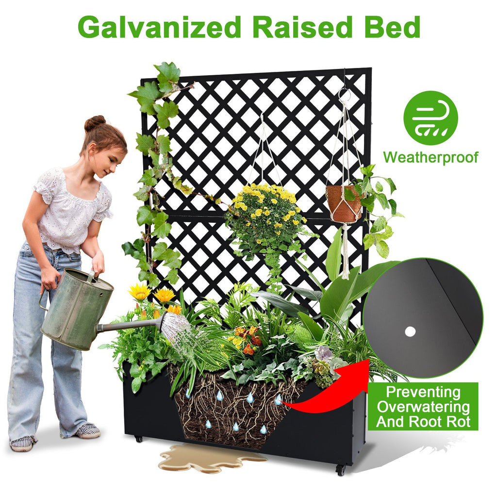 Garvee 73" x 46" x 12" Metal Planter Box with Trellis, Raised Garden Bed with Privacy Screen, Drainage Holes for Climbing Plants, Flowers & Vegetables, Black