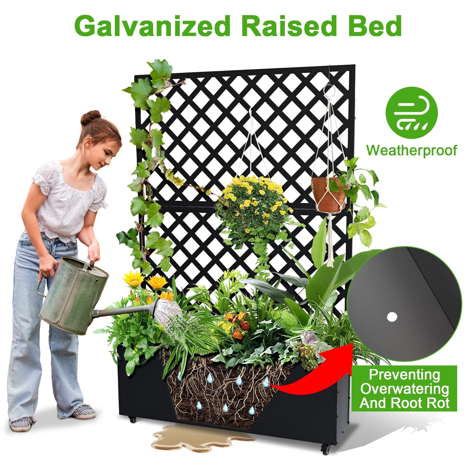 Garvee 73" x 46" x 12" Metal Planter Box with Trellis, Raised Garden Bed with Privacy Screen, Drainage Holes for Climbing Plants, Flowers & Vegetables, Black