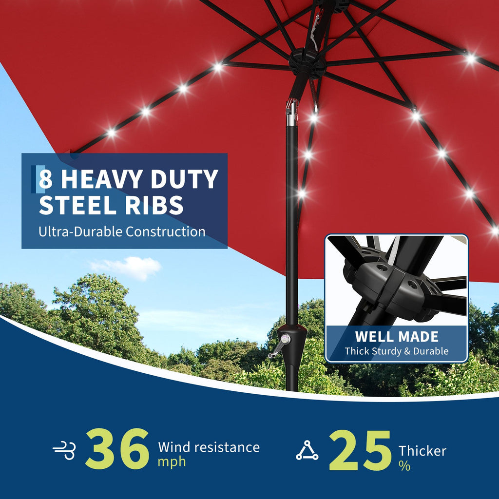 Garvee 9FT Solar LED Patio Umbrella, Waterproof Outdoor Market Table Umbrella with 8 Ribs, Crank Lift, Push Button Tilt, UV Protection for Garden, Pool & Deck, Red
