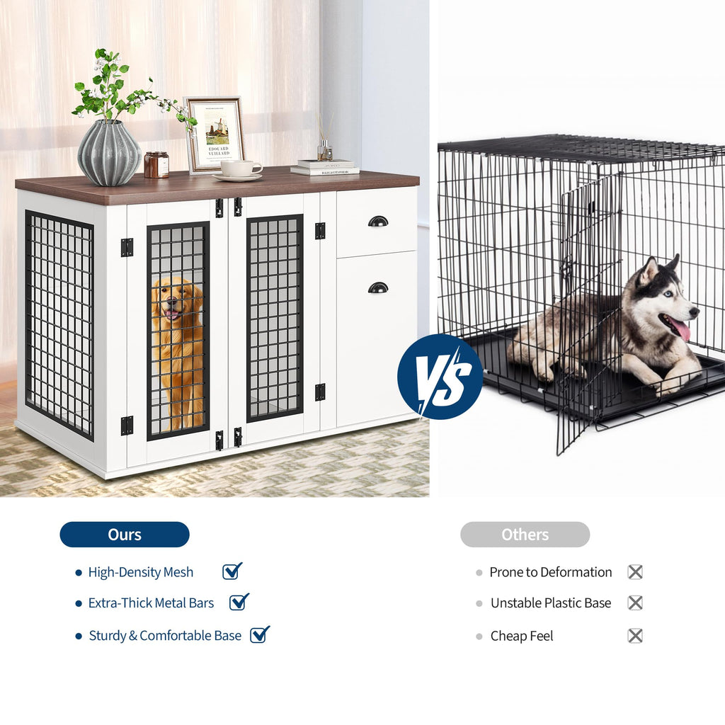 Garvee Dog Crate Furniture, Pet Kennel for Small to Medium Dogs, White Wooden Pet House with Drawers and Side Cabinets, Multi-Functional Dog Cage for Indoor Use, White