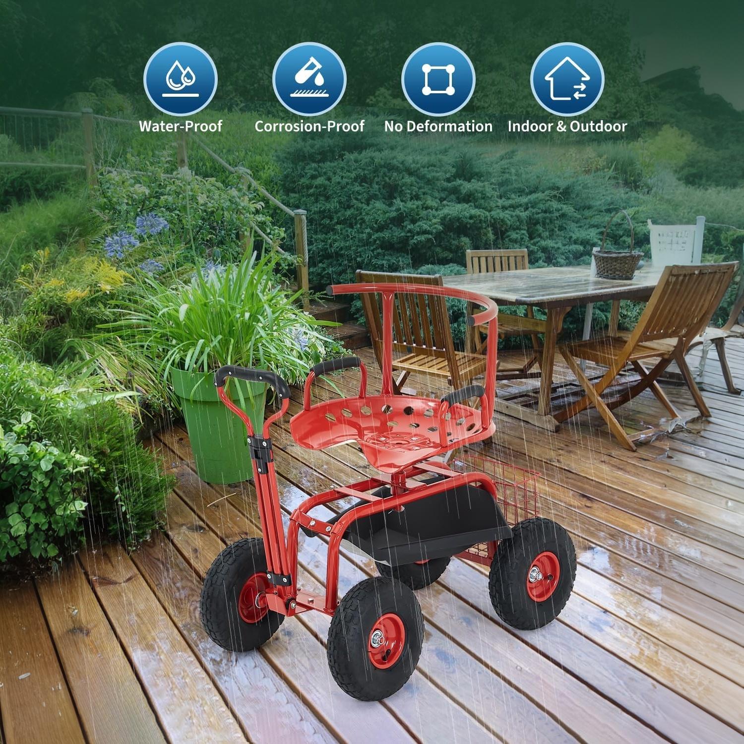 Garvee Rolling Garden Work Seat with Wheels, 360° Swivel Gardening Cart with Extendable Steering Handle, Tool Tray, Storage Basket & 10" Inflatable Tires, 400 lb Capacity Garden Scooter for Yard, Patio & Outdoor Use