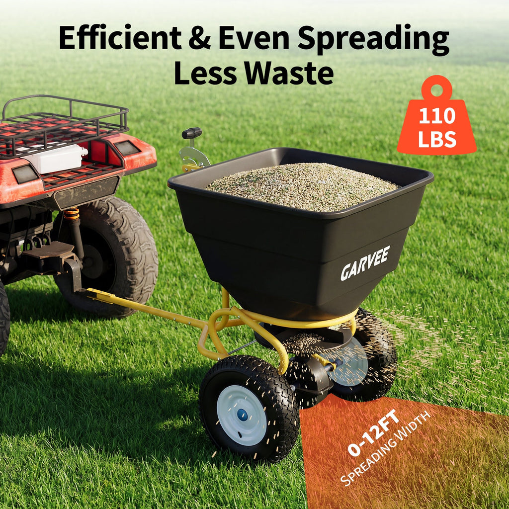 Garvee Tow-Behind Broadcast Spreader, 110 lbs Capacity with 10-Inch Pneumatic Tires, Universal Hitch and Feeder Cover for Seed, Fertilizer and Salt, Yellow