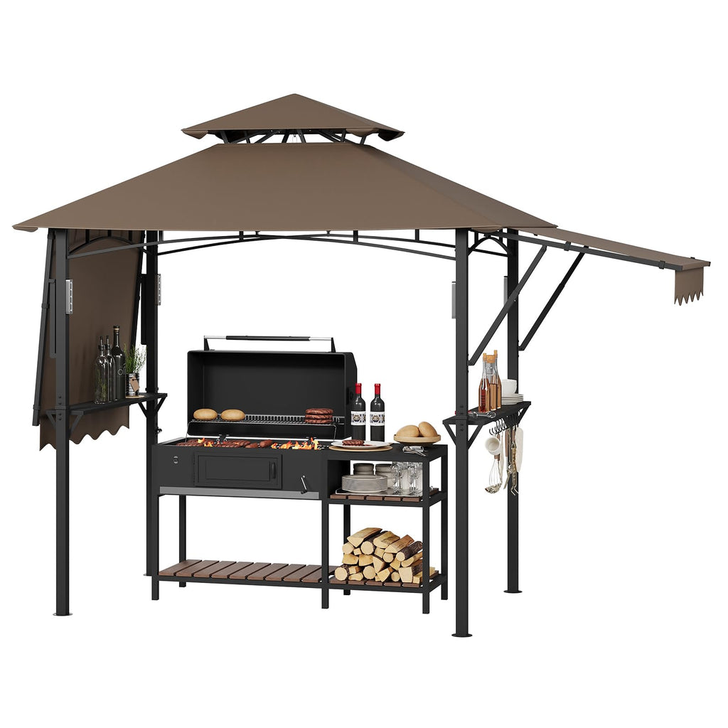 Garvee 8' × 5' Grill Gazebo with Dual Adjustable Awnings, 2-Tier Ventilated Canopy, Steel Frame, 2 Shelves & 7 Hooks, Brown