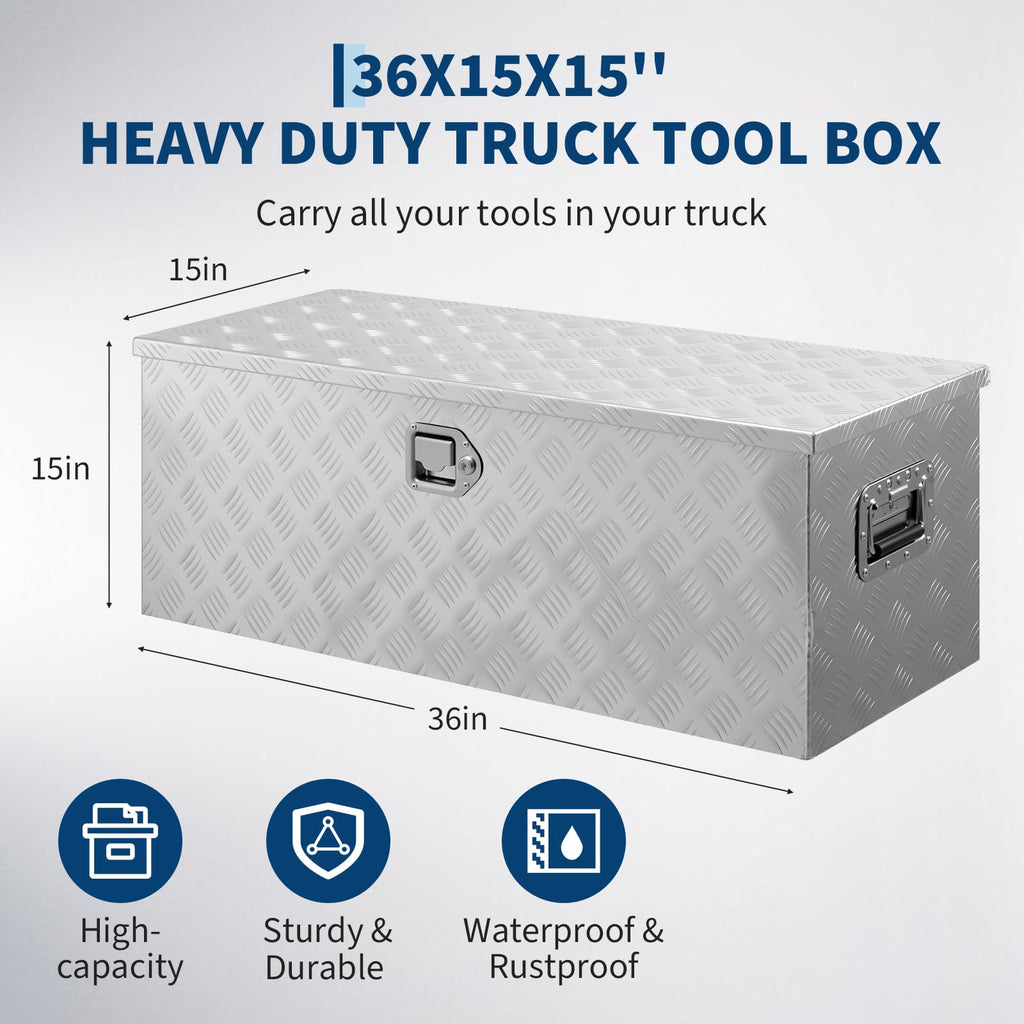 Garvee 36"x15"x15" Aluminum Truck Bed Tool Box, Weatherproof Storage Chest with Lock & Keys, Side Handles, Gas Strut Lid, Large-Capacity Heavy-Duty Organizer for Pickup, Trailer, and RV