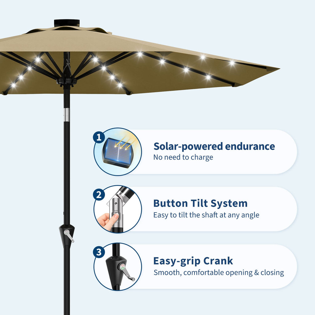 Garvee 9FT Solar LED Patio Umbrella, Waterproof Outdoor Market Table Umbrella with 8 Ribs, Crank Lift, Push Button Tilt, UV Protection for Garden, Pool & Deck, Khaki