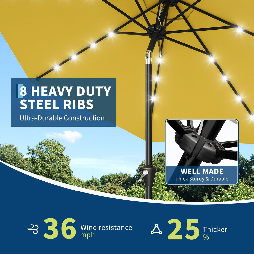 Garvee 10 ft Solar Patio Umbrella with 32 LED Lights, Outdoor Market Umbrella with Crank Lift & Tilt, UV-Resistant Canopy for Pool, Garden & Backyard, Yellow