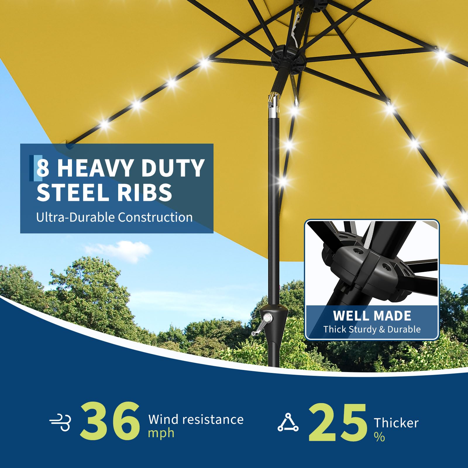 Garvee 10 ft Solar Patio Umbrella with 32 LED Lights, Outdoor Market Umbrella with Crank Lift & Tilt, UV-Resistant Canopy for Pool, Garden & Backyard, Yellow