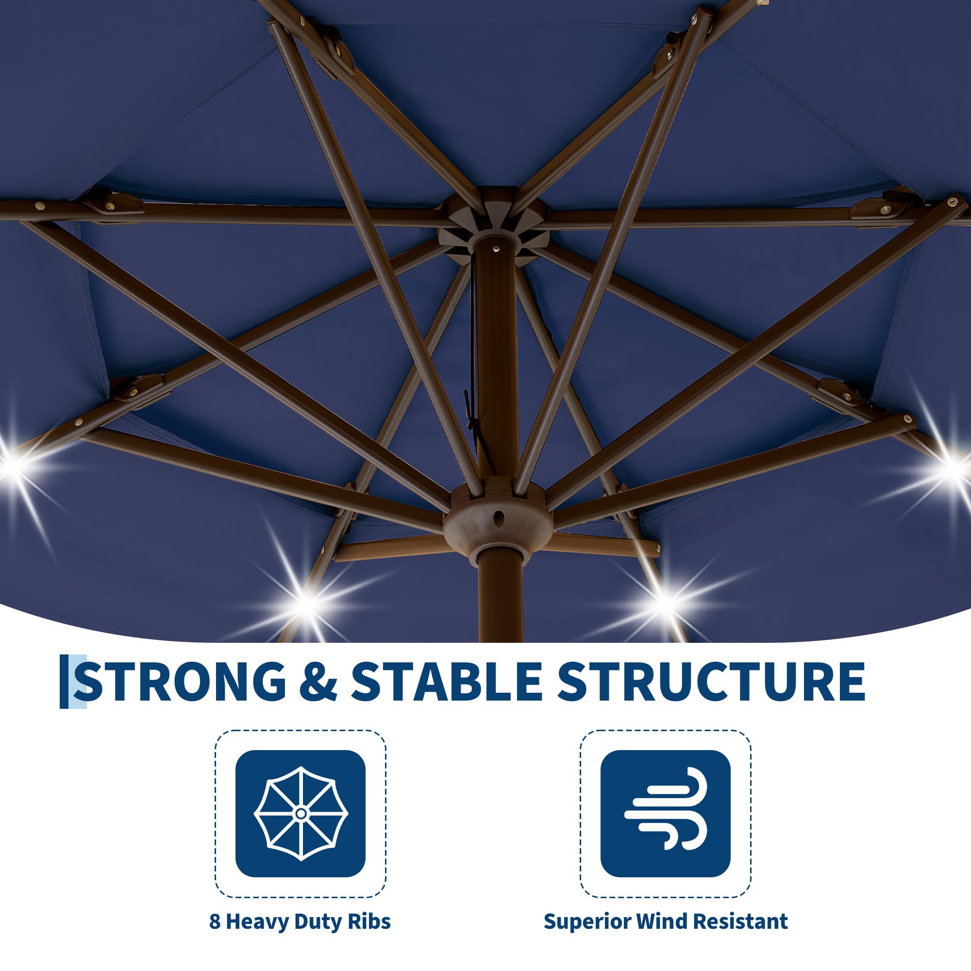 Garvee 10 FT Solar Patio Umbrella, 3-Tier Vented Canopy with 24 LED Lights, 8-Rib Steel Frame, Crank Tilt Outdoor Umbrella for Backyard, Pool & Deck, Blue