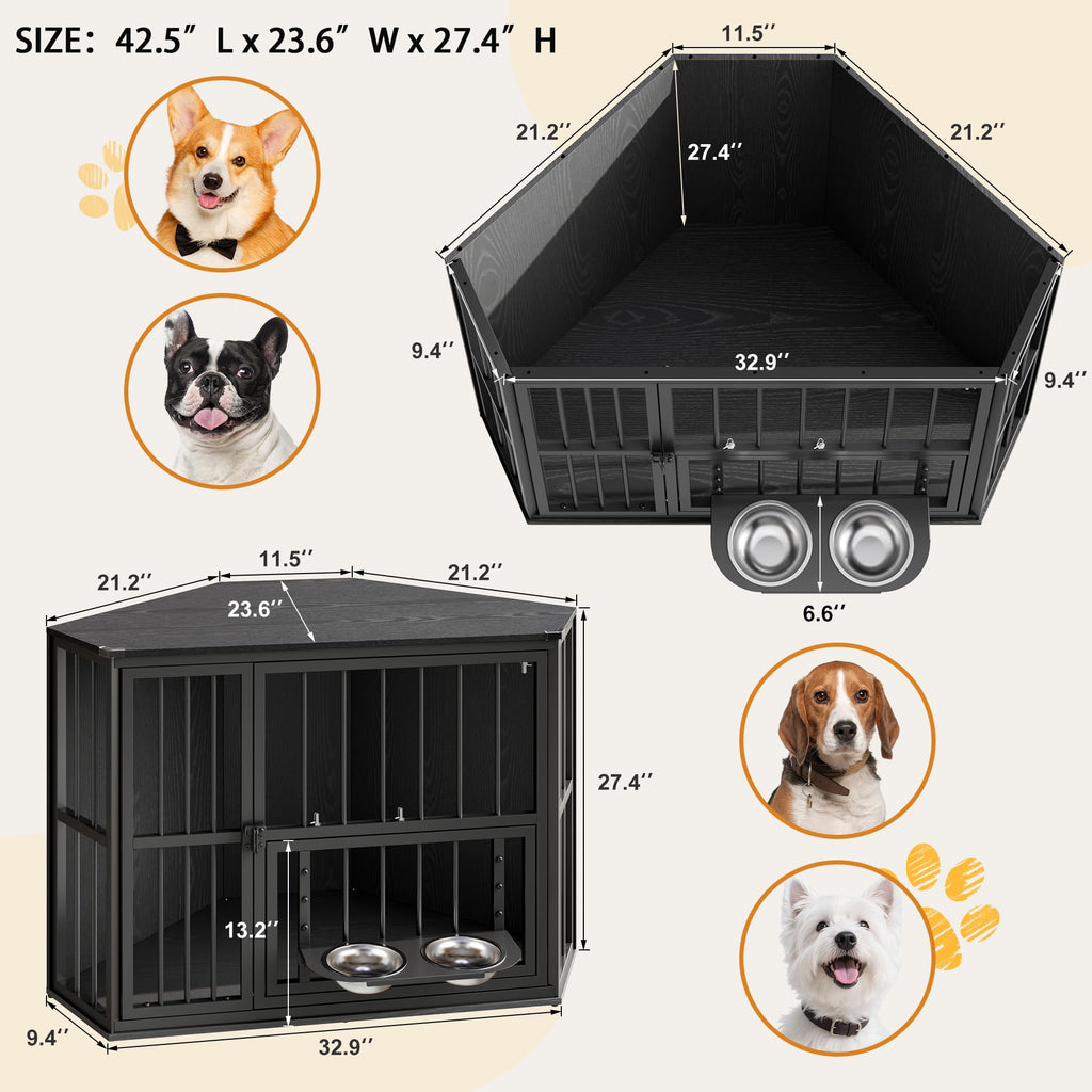 Garvee Space-Saving Corner Dog Crate Furniture – Wooden Indoor Kennel End Table with 360° Rotating Door, Stainless Steel Feeding Bowls, Decorative Design for Small Breeds, Black Relief + Black Iron Frame