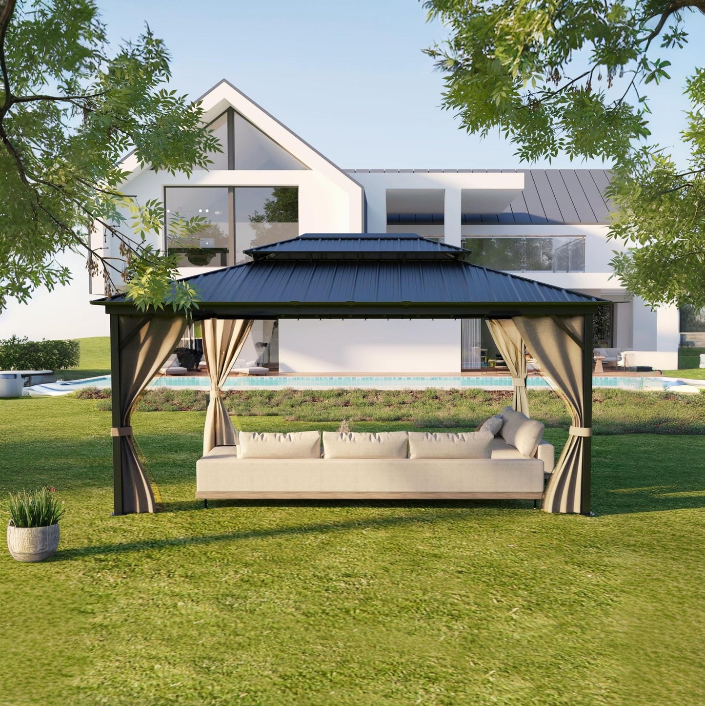 Garvee Hardtop Gazebo, 12 x 16 FT Khaki Permanent Pavilion with Double Metal Roof, Aluminum Alloy Frame, Netting and Curtains for Patio and Backyard