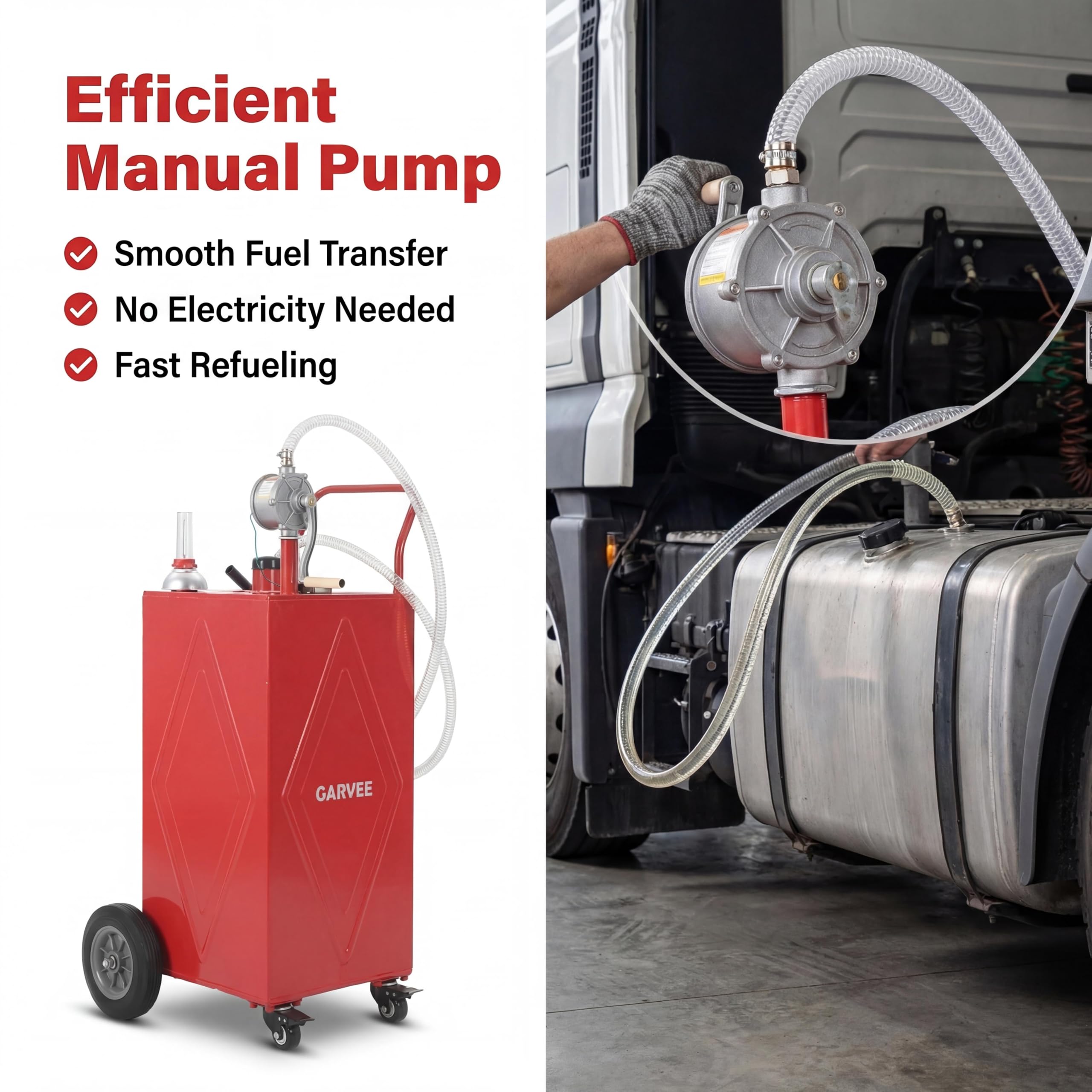 Garvee 35 Gallon Portable Fuel Caddy – Manual Rotary Pump, Heavy-Duty Steel Gas & Fuel Transfer Tank, 4 All-Terrain Wheels, Mobile Refueling for Trucks, Boats, ATVs, Lawn Mowers, Farm Equipment – Reinforced 4-wheeler - Red - Li Junjie