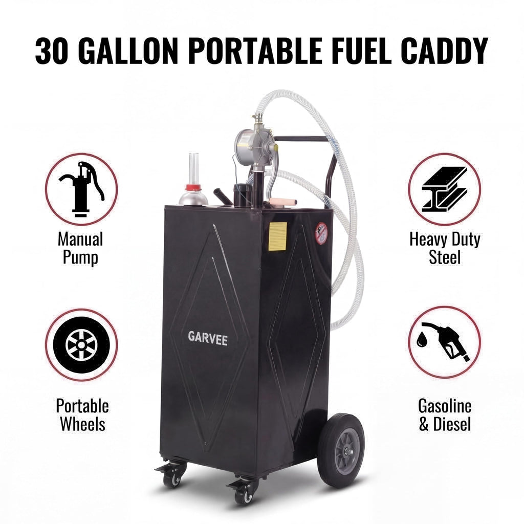 Garvee 30 Gallon Heavy Duty Steel Fuel Caddy – Manual Rotary Pump Gasoline & Fuel Injector Transfer Tank – Reinforced 4-Wheel Mobile Design – For Trucks, Boats, ATVs, Lawn Mowers, Farm, Construction Equipment – Black – Li Junjie
