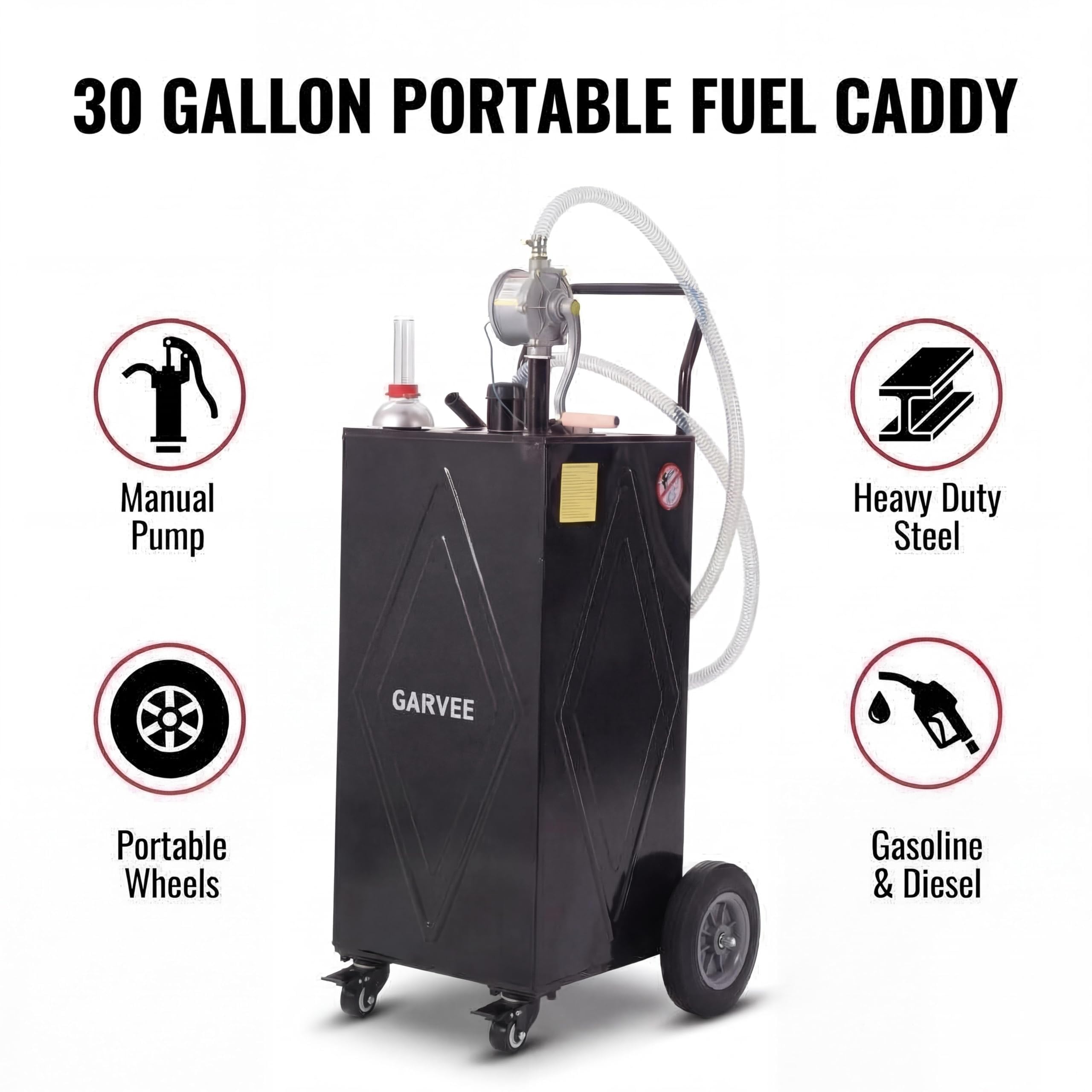 Garvee 30 Gallon Heavy Duty Steel Fuel Caddy – Manual Rotary Pump Gasoline & Fuel Injector Transfer Tank – Reinforced 4-Wheel Mobile Design – For Trucks, Boats, ATVs, Lawn Mowers, Farm, Construction Equipment – Black – Li Junjie