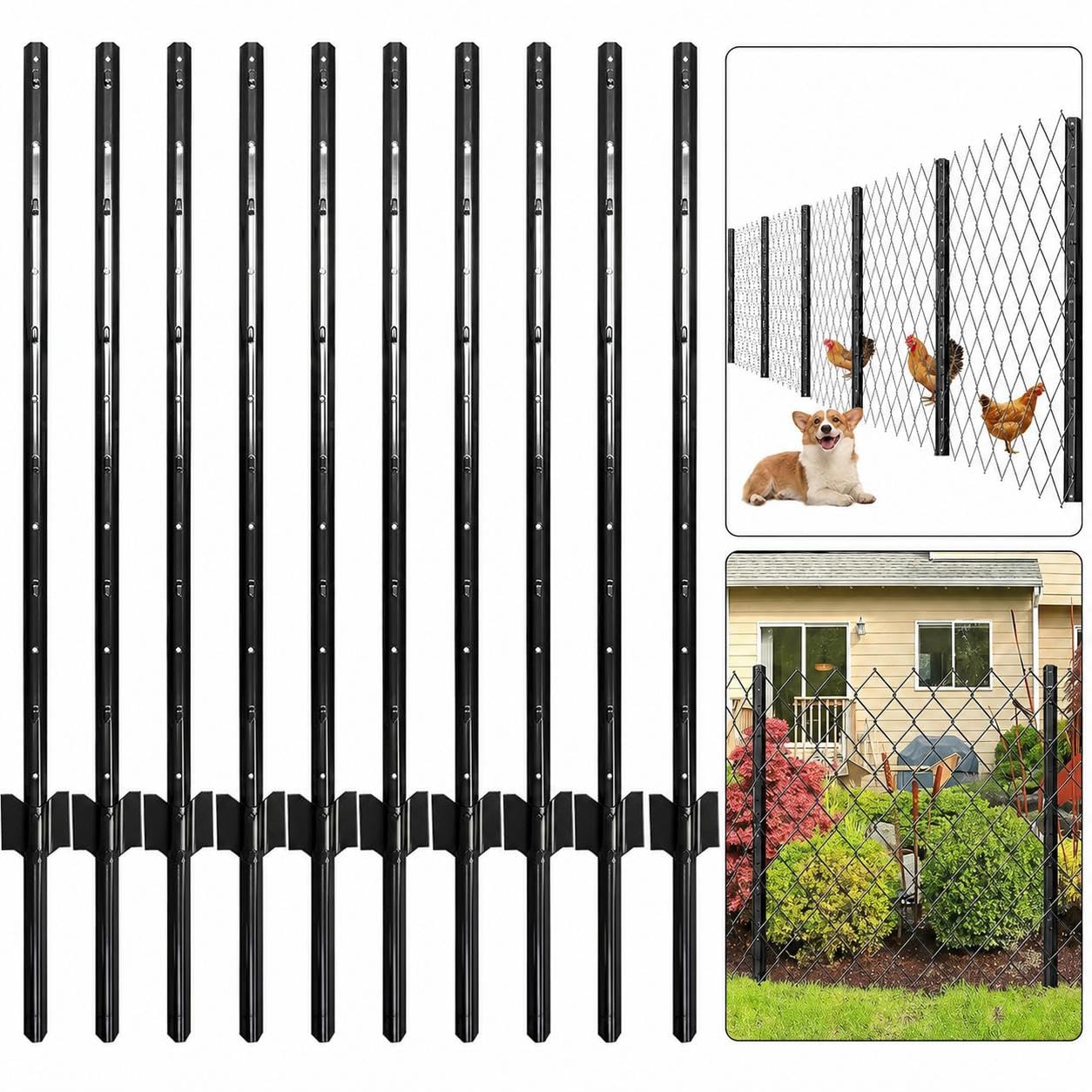 Garvee 6FT Heavy Duty U-Channel Metal Fence Posts (10-Pack) - 5ft Above Ground High-Tensile Steel Stakes with Stabilizing Anchor Plates & 3" Pre-Drilled Hole Spacing for Garden, Farm, & Wire Mesh Fencing (Black)