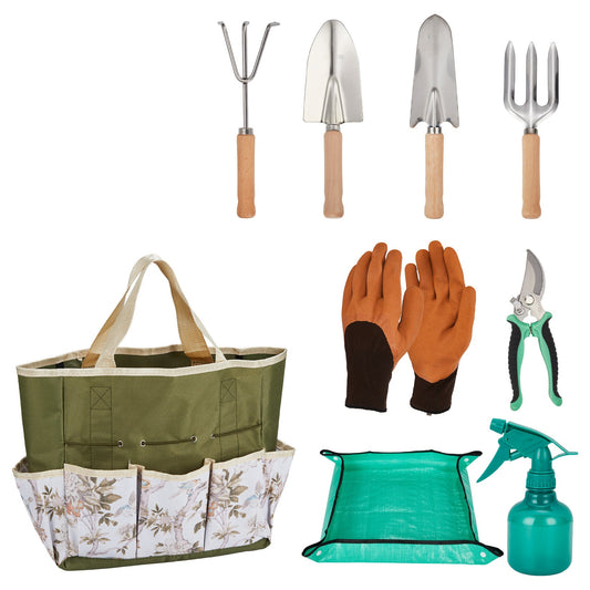 Garvee 10-Piece Garden Tool Set, Heavy Duty Stainless Steel Hand Tools with Wooden Handles, Includes Pruning Shears, Gloves, Tote Bag & Repotting Mat – Gardening Kit for Planting, Weeding & Gift Use