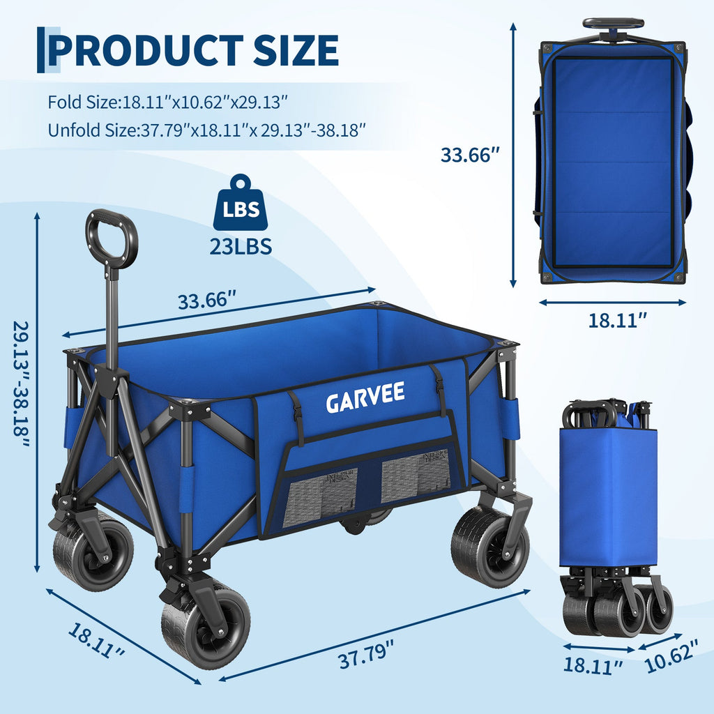 Garvee Heavy Duty Collapsible Garden Wagon Cart, 280L Large Folding Utility Wagon with 460 lb Capacity, All-Terrain Wheels, Side Pockets, Cup Holders & Storage Cover, Blue