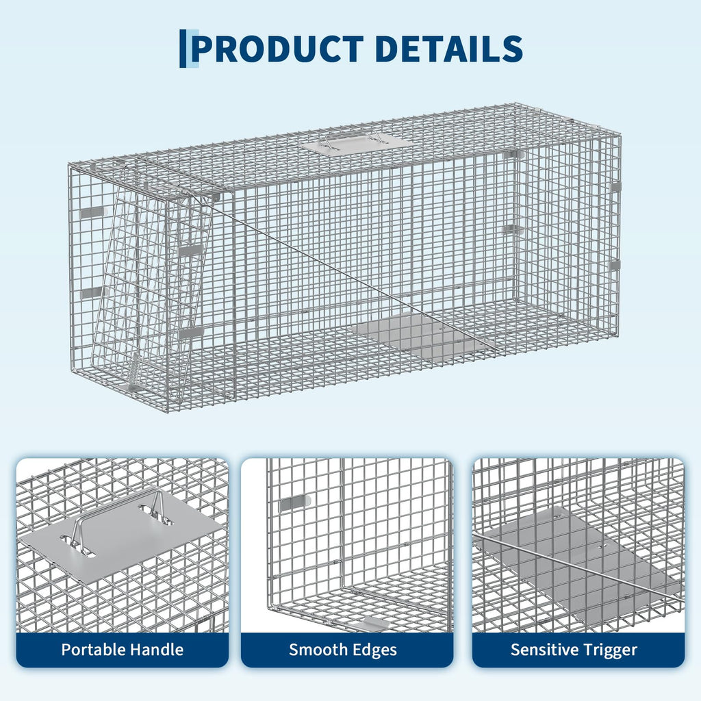 Garvee Large Humane Live Animal Trap Cage – Collapsible Steel, Sensitive Trigger – For Raccoons, Stray Cats, Skunks, Squirrels & Similar Pests – Carry Handle – 42x16x18 in / 117x41x46 cm