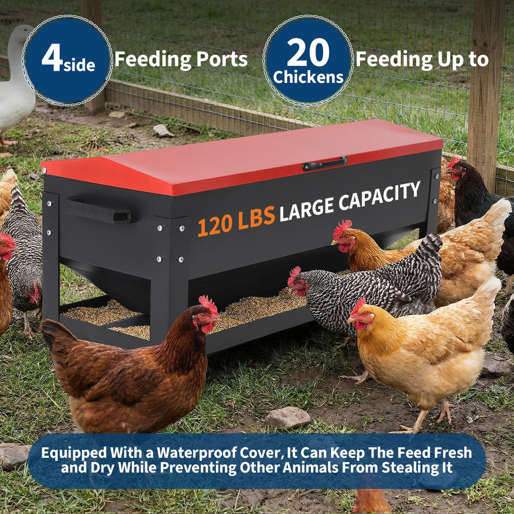 Garvee 120lbs Large Metal Chicken Feeder Box – Galvanized Steel, Automatic Poultry Feeding, Waterproof Red Lid, Brake Casters, Portable Handles – For Chickens, Ducks, Geese, Hens, Roosters, Quail, Turkey – Large - Red Lid